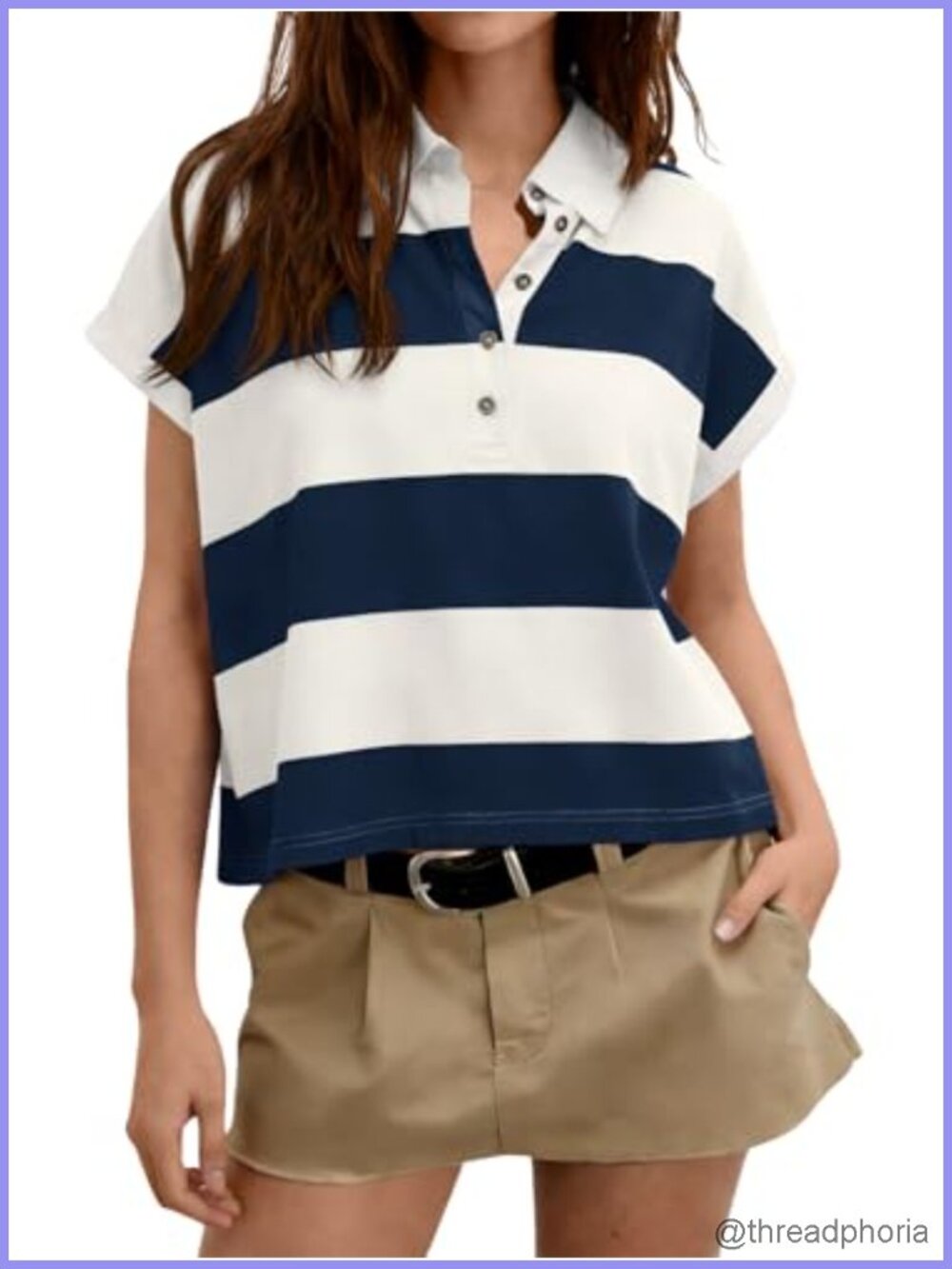 Women's Short Sleeve Rugby Polo Shirt Striped Collared Casual Top